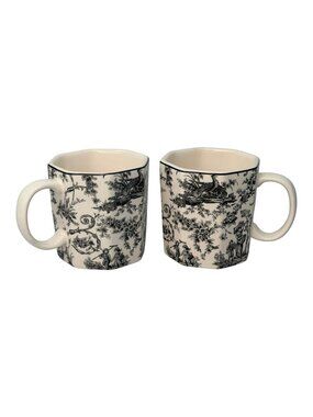 French Toile Mug Set Hexagon Shape Blue White Coffee Cups Cottage Farmhouse